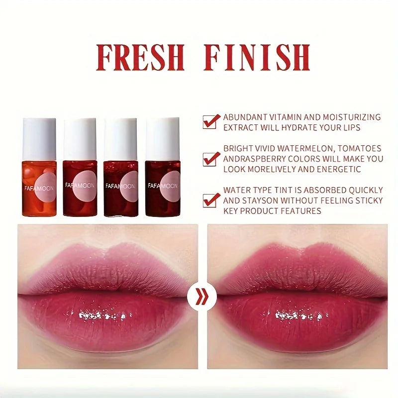 4-Color Fruity Lip Tint – Moisturizing, Waterproof, High-Pigment, Long-Lasting Gloss