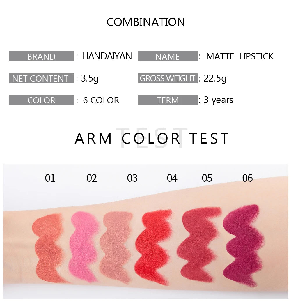 6-Color Matte Lipstick – Long-Lasting, Waterproof, Smudge-Proof Velvet Finish