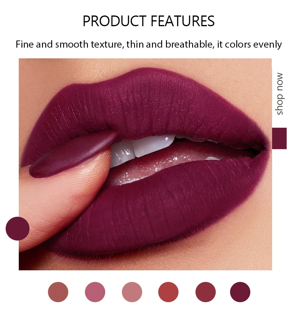 6-Color Matte Lipstick – Long-Lasting, Waterproof, Smudge-Proof Velvet Finish