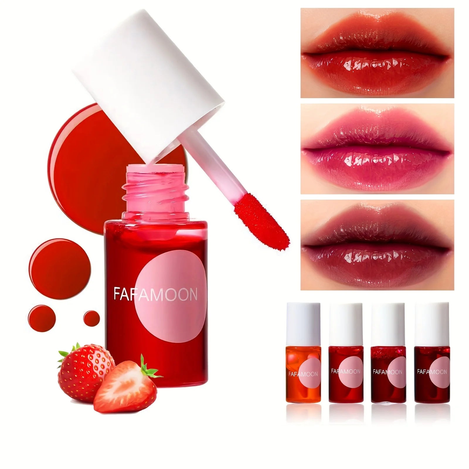 4-Color Fruity Lip Tint – Moisturizing, Waterproof, High-Pigment, Long-Lasting Gloss