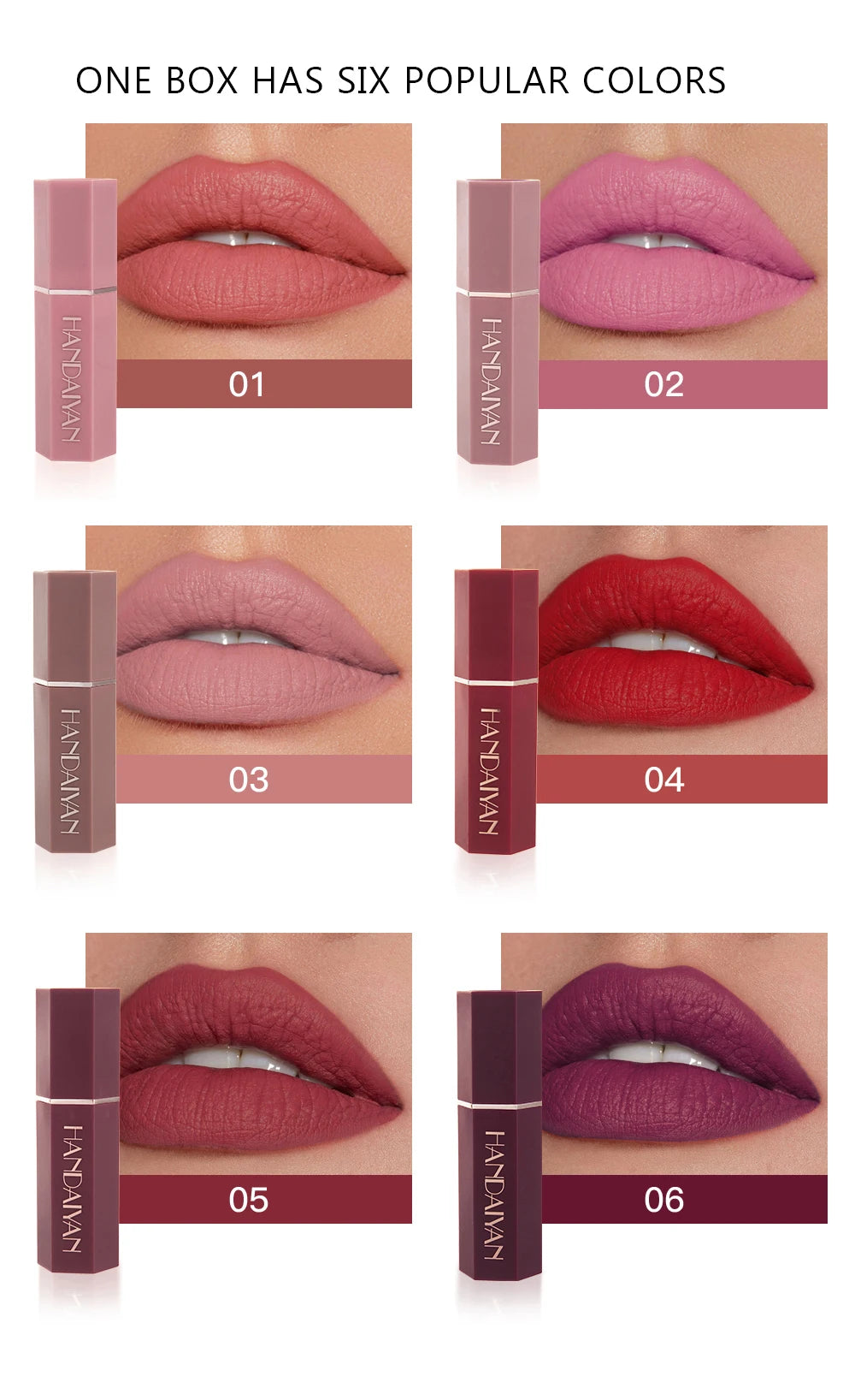6-Color Matte Lipstick – Long-Lasting, Waterproof, Smudge-Proof Velvet Finish