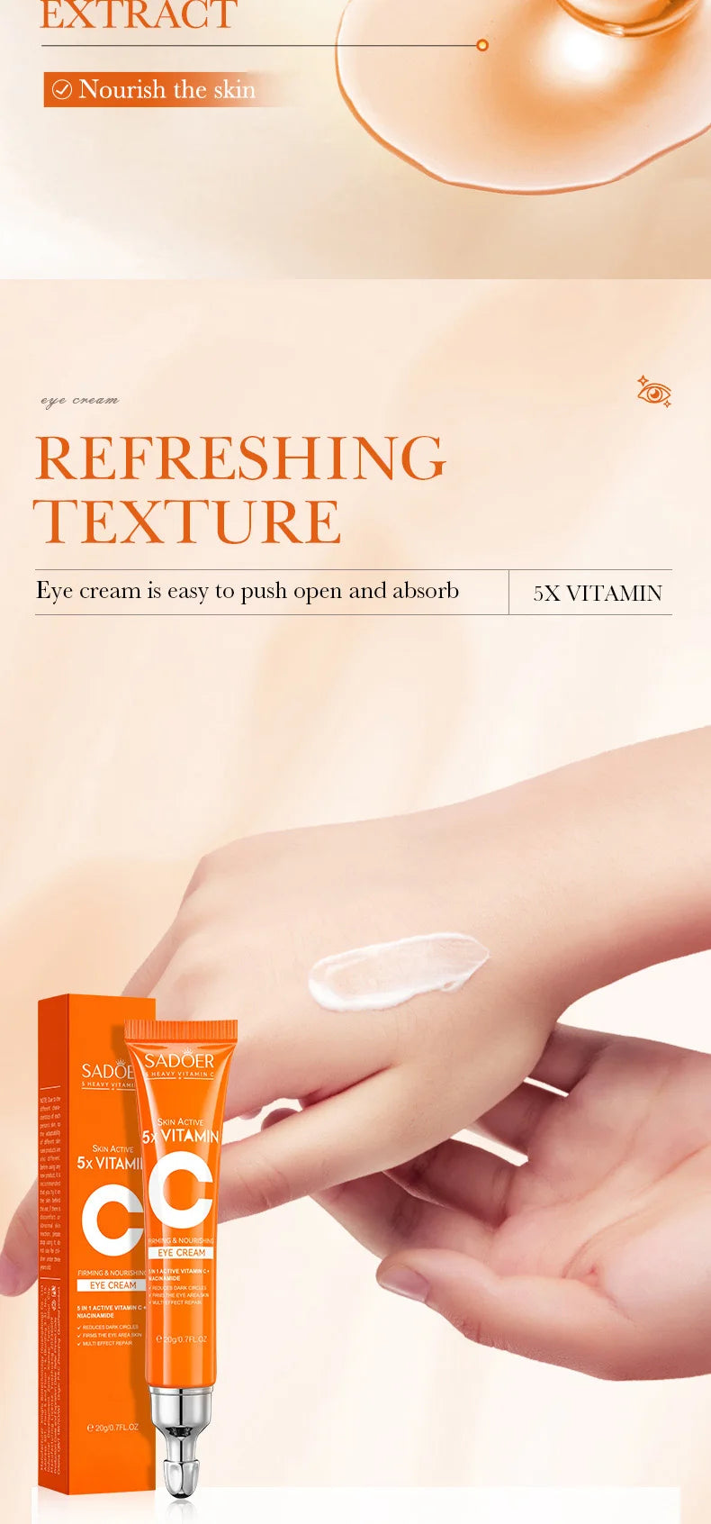 SADOER Vitamin C Eye Cream – Brightening, Anti-Dark Circles & Eye Bag Remover, Moisturizing