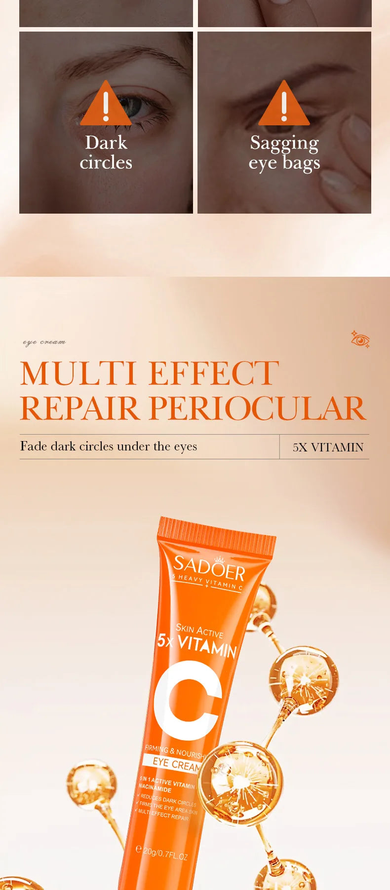 SADOER Vitamin C Eye Cream – Brightening, Anti-Dark Circles & Eye Bag Remover, Moisturizing